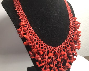 103 - Glass Seed Beads Bib Choker Handmade Necklace 10" Red-Orange Lobster Claw Lock