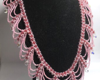 96 - Glass Seed Beads Bib Choker Handmade Necklace 11" Red-Pink Toggle Lock