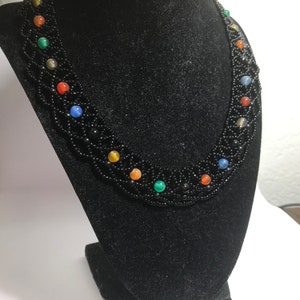 110 Glass Seed Beads Bib Choker Handmade Necklace 10 Black-Colored Beaded Toggle Lock image 5