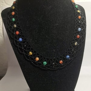 110 Glass Seed Beads Bib Choker Handmade Necklace 10 Black-Colored Beaded Toggle Lock image 4