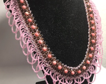 105 - Glass Seed Beads Bib Choker Handmade Necklace 10" Pink-White Beaded Toggle Lock