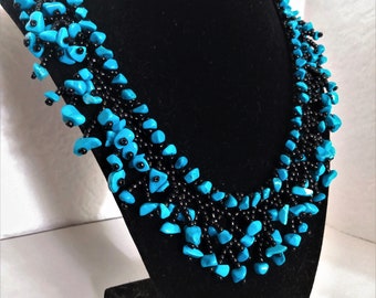 4- Handmade Blue Black Glass Turquoise Seed Pearl Chunky Beaded Choker Necklace Statement Party Anniversary Wedding Mother's Day Gift