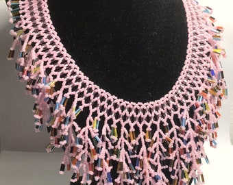 90 - Glass Seed Beads Bib Choker Handmade Necklace 12" Light Multi-Pink Toggle Lock