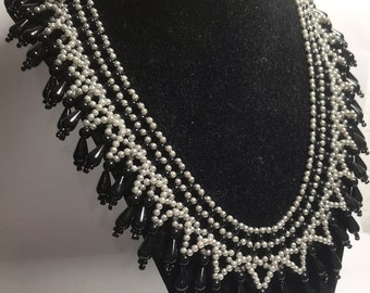 99 - Glass Seed Beads Bib Choker Handmade Necklace 10” Black-White Toggle Lock