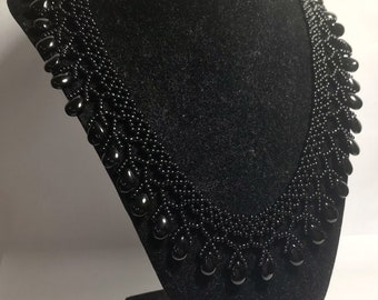 102 - Glass Seed Beads Bib Choker Handmade Necklace 10” Black Crystal Toggle Lock