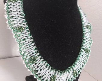 3- Glass Seed Beads Bib Choker Handmade Necklace 11” Green-White Hook Lock