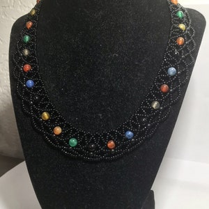 110 Glass Seed Beads Bib Choker Handmade Necklace 10 Black-Colored Beaded Toggle Lock image 3