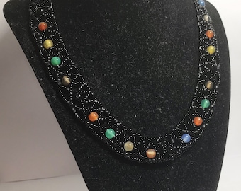 110 - Glass Seed Beads Bib Choker Handmade Necklace 10" Black-Colored Beaded Toggle Lock