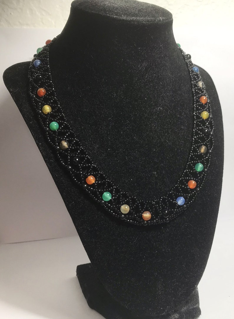 110 Glass Seed Beads Bib Choker Handmade Necklace 10 Black-Colored Beaded Toggle Lock image 1