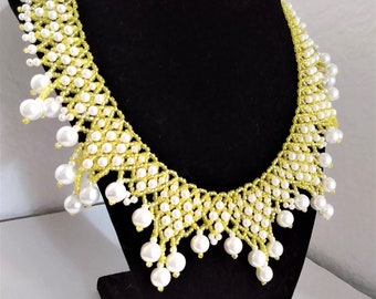 22 - Glass Seed Bead Bib Choker Handmade Necklace 11' White-Yellow Dainty Pearl Lobster Claw
