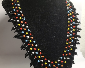 108 - Glass Seed Beads Bib Choker Handmade Necklace 10" Black-Colored Beaded Toggle Lock