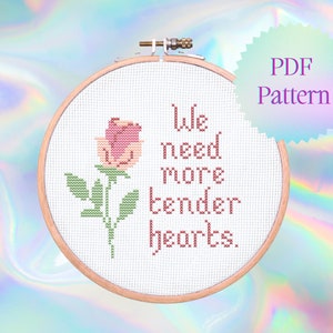 Tender Hearts Cross Stitch Pattern | Instant Download | Modern Cross Stitch | Floral Cross Stitch | Rose Cross Stitch