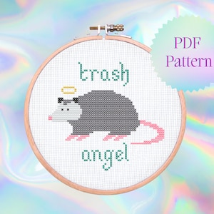 Trash Angel Cross Stitch Pattern | Instant Download | Cute Possum Cross Stitch | Modern Cross Stitch Pattern