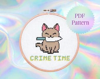 Crime Time Cat Cross Stitch Pattern | Instant Download | Funny Cross Stitch | Beginner Cross Stitch | Cute Cross Stitch