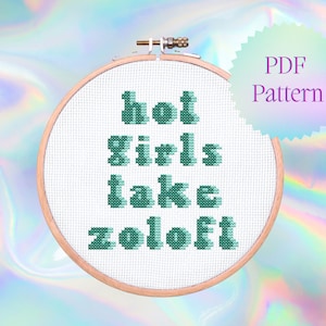 May include: A white embroidery hoop with a teal cross-stitch design that reads "hot girls take zoloft". The hoop is on a holographic background.