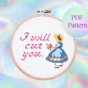 I Will Cut You Cross Stitch Pattern | Instant Download | Modern Cross Stitch | Subversive Cross Stitch | Bonnet Girl Cross Stitch