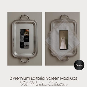 Peut inclure: Deux plateaux argentés avec poignées, chacun contenant une maquette de smartphone. L'un affiche un arrangement floral, l'autre une robe blanche. Le texte indique "2 Premium Editorial Screen Mockups" et "The Marlene Collection."