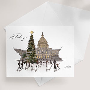Custom Holiday Cards, Company Christmas Cards, Washington, DC Christmas Greeting Card | Hand drawn Christmas Gift| Watercolor Art