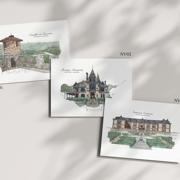 Napa Valley Winery Postcard, 4x6 | Postcard Set of 3 | Art Print | Wine Gift | Beringer, Domaine Carneros, Castello di Amorosa