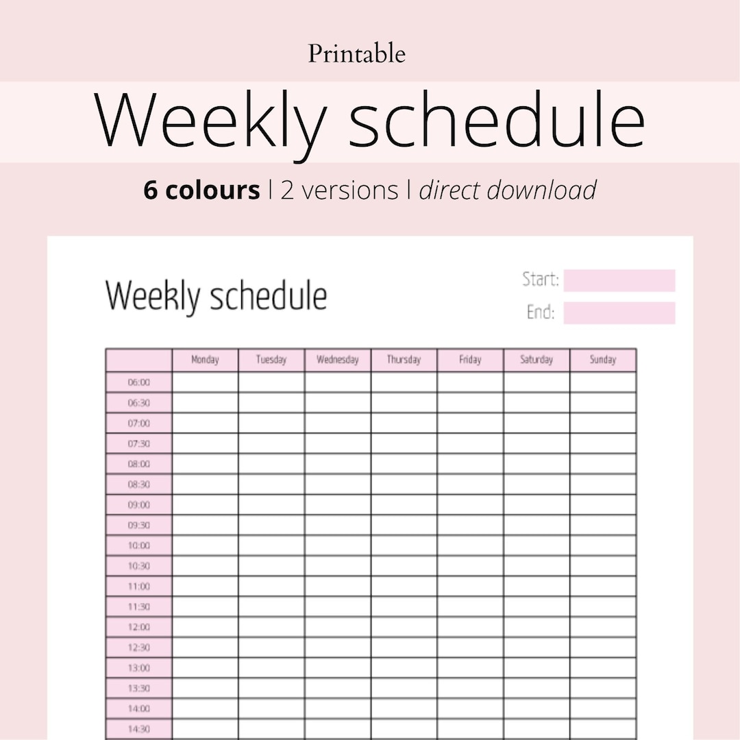 Simple Weekly Schedule, Half Hour Worksheet, Digital Download ...