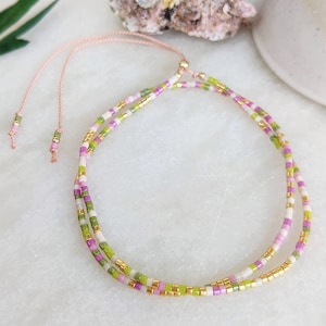 14k Gold and Spring Colour Silk Glass Beaded double wrap bracelet Handmade, Minimalist bracelet, Dainty bracelet, Gift for Her, Gift for Mum