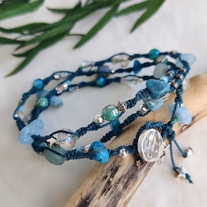Macrame Gemstone Wrap Bracelet Necklace: Apatite, Agate & Aquamarine