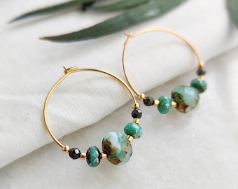 18k Gold dainty hoops with Gemstone Ocean Bead, frosted beach Glass, gold and miyuki seed beads, beach holiday, summer, boho hippie, elegant