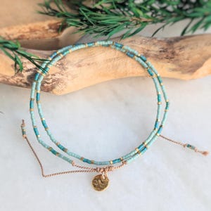Gold and Turquoise Seed Beaded Double Wrap Bracelet, Minimalist Silk bracelet with charm, Dainty bracelet, Gift for Her, Gift for Mum