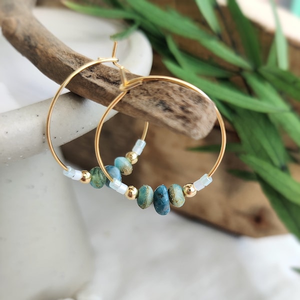 18k Gold dainty hoops with Apatite Gemstone, frosted beach Glass, gold and miyuki seed beads, beach holiday, summer, boho hippie, elegant