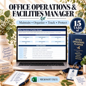 Könnte beinhalten: Ein Laptop mit einem Office Operations & Facilities Manager Dashboard, einem blauen Planer, einem Notizblock, einem Stift und einem Ausweis. Der Bildschirm zeigt Daten zu Anfragen und Lieferungen sowie den Text 15 TABS.