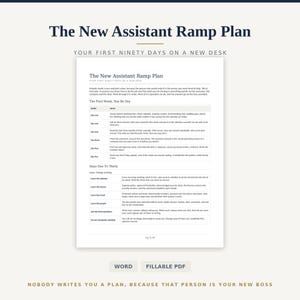 May include: A document titled The New Assistant Ramp Plan: Your First Ninety Days on a New Desk. It features a structured table outlining daily tasks for the first week and a list of learning objectives for days one to thirty, available as Word or PDF.