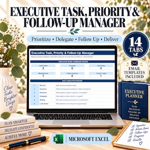 May include: A digital executive task, priority, and follow-up manager spreadsheet displayed on a laptop screen. The interface includes sections for open tasks, overdue items, and a daily executive review. The set includes 14 tabs and email templates.