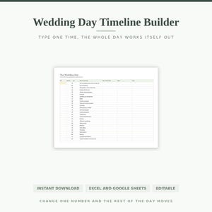 May include: A digital Wedding Day Timeline Builder spreadsheet template featuring a structured table with columns for time, duration, and event details. The document includes the text Wedding Day Timeline Builder, Type one time, the whole day works itself out, Instant Download, Excel and Google Sheets, Editable, and Change one number and the rest of the day moves.