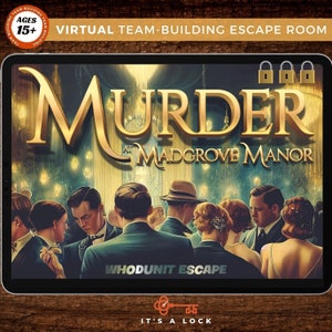 Peut inclure: Une illustration numérique d'un jeu d'évasion en équipe virtuel appelé "Murder at Madgrove Manor". Le jeu est une salle d'évasion de type "whodunnit" où les joueurs doivent résoudre des énigmes et des indices pour trouver le meurtrier. L'image représente un groupe de personnes en tenue des années 1920 réunies dans une pièce faiblement éclairée avec un grand lustre.