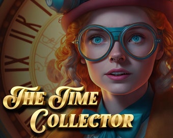 May include: A woman with red hair and blue eyes wearing a pink hat and goggles stands in front of a large clock face. The text "LOCK AND KEY ESCAPE ROOM" and "THE TIME COLLECTOR" is visible in the image.