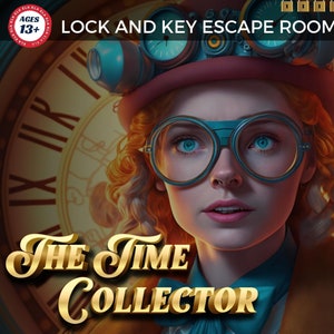 Puede incluir: Una mujer con cabello rojo y ojos azules lleva un sombrero rosa y gafas de protección y se encuentra frente a una gran esfera de reloj. El texto "LOCK AND KEY ESCAPE ROOM" y "THE TIME COLLECTOR" es visible en la imagen.