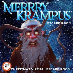 May include: A scary, red-nosed, white-bearded, Christmas Krampus with horns and a menacing grin. The text "Merry Krampus Escape Room" is at the top of the image. The text "Christmas Virtual Escape Room" is at the bottom of the image. The text "Ages 15+" is in a circle at the bottom left of the image.