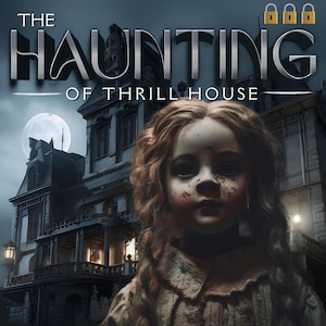 May include: A spooky image of a haunted house with a full moon in the background. The house is dark and dilapidated, with broken windows and overgrown vines. A porcelain doll with a distressed face is in the foreground, looking directly at the viewer.