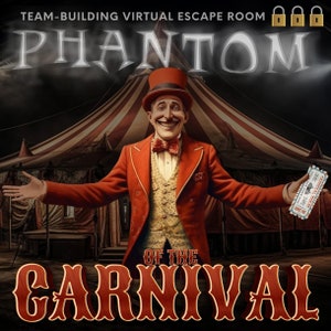 Puede incluir: Un maestro de ceremonias sonriente con un traje rojo y dorado se encuentra frente a una carpa de circo con rayas rojas y blancas. El texto "PHANTOM OF THE CARNIVAL" está escrito en letras grandes y en negrita debajo de la imagen.
