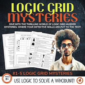 Op de afbeelding: Promotieafbeelding voor "Logic Grid Mysteries" met een man met een bril en een afro. De afbeelding bevat puzzelbladen met aanwijzingen en de tekst "Use Logic to Solve a Whodunit!"