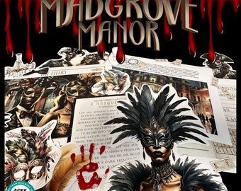 Pode incluir: Jogo de fuga de mistério de assassinato imprimível com o título "Madgrove Manor: Assassinato no baile de máscaras". O jogo apresenta uma máscara de baile de máscaras preta e dourada com penas, uma impressão de mão ensanguentada e uma ilustração de estilo vintage de uma mansão.