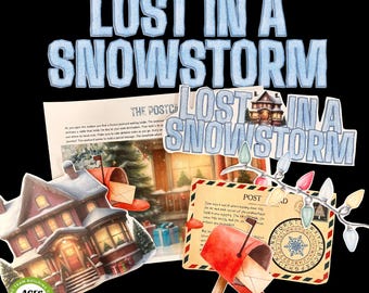 Puede incluir: Juego de escape de Navidad imprimible para mayores de 9 años. El juego se llama "Perdido en una tormenta de nieve" y presenta una escena de invierno nevada con una casa, un buzón y una postal. El juego está diseñado para actividades de team building más cortas.