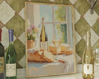 Vintage French Dinner Oil Painting Print: Kitchen Bar Decor (Digital Download)