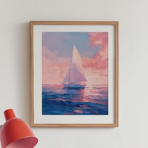 Kolorowy obraz żaglówki, letni plakat, dekoracja domu na plaży, minimalistyczna sztuka ścienna do druku