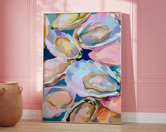 Lámina con pintura de ostras, decoración de abuela costera, arte para casa de playa