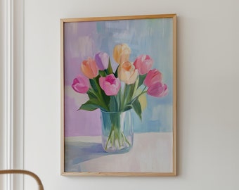 Impressão de Tulipas em Tons Pastel, Arte com Buquê Floral, Decoração de Parede para a Primavera, Download Digital