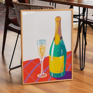 Handgetekende champagneprint, maximalistische barwagenposter, funky keukendecor, trendy appartement muurdecoratie, cocktail afdrukbare muurkunst