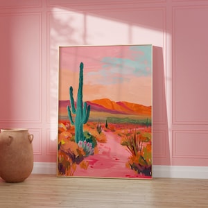 Kleurrijk schilderij woestijncactus, westelijk landschap muurdecor, afdrukbare westelijke muurkunst