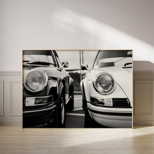 Vintage Porsche 911 Poster, Schwarz Weiß Sportwagen Druck, druckbare Oldtimer Wandkunst