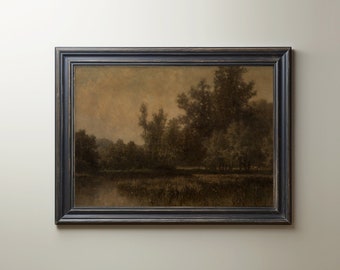 May include: A framed landscape painting depicting a forest scene with a river in the foreground. The painting is done in muted tones of brown and gray, giving it a vintage feel.